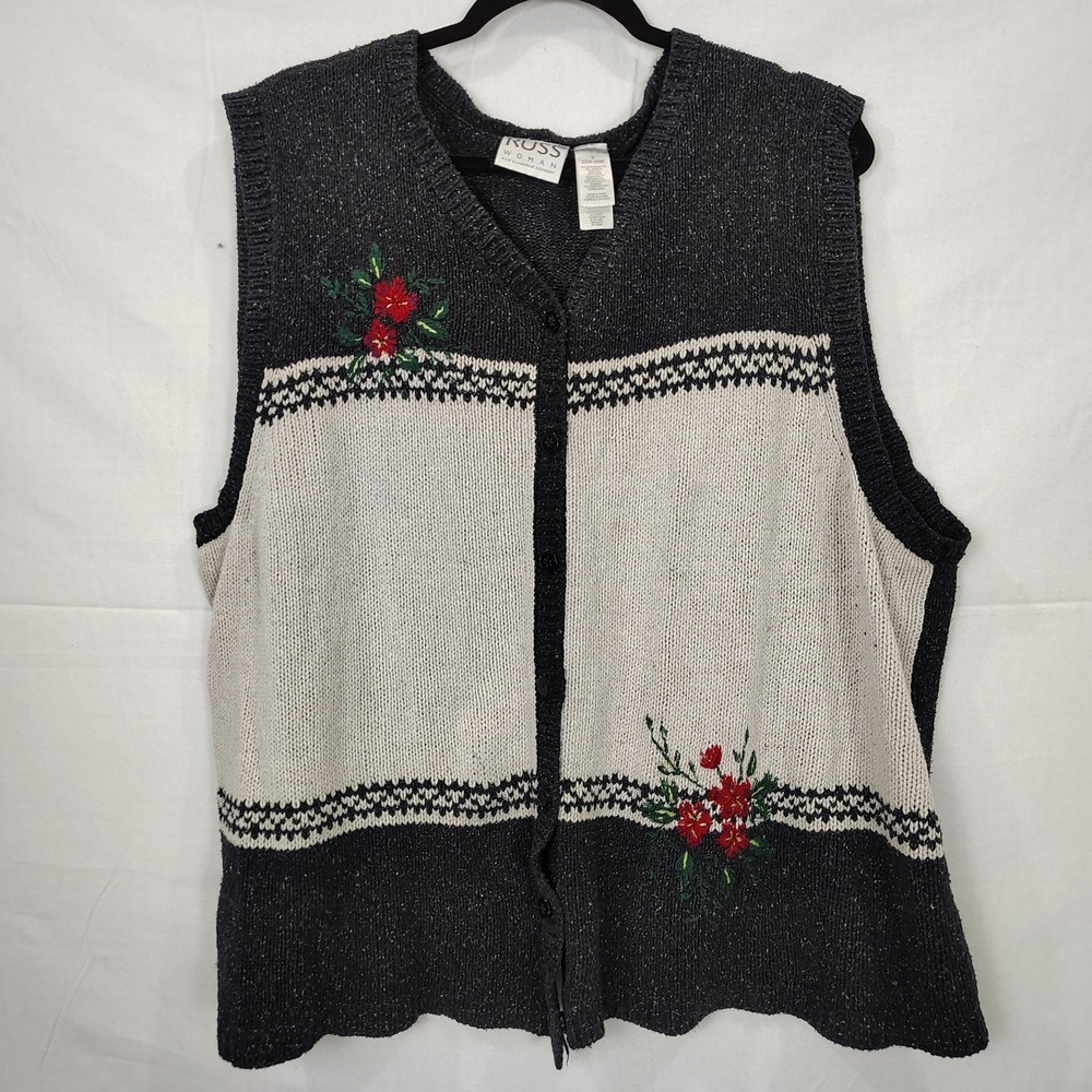 Vtg Women's 22/24W Sweater‎ Vest Silk Blend Floral Embroidered Knit Boho Cottage
